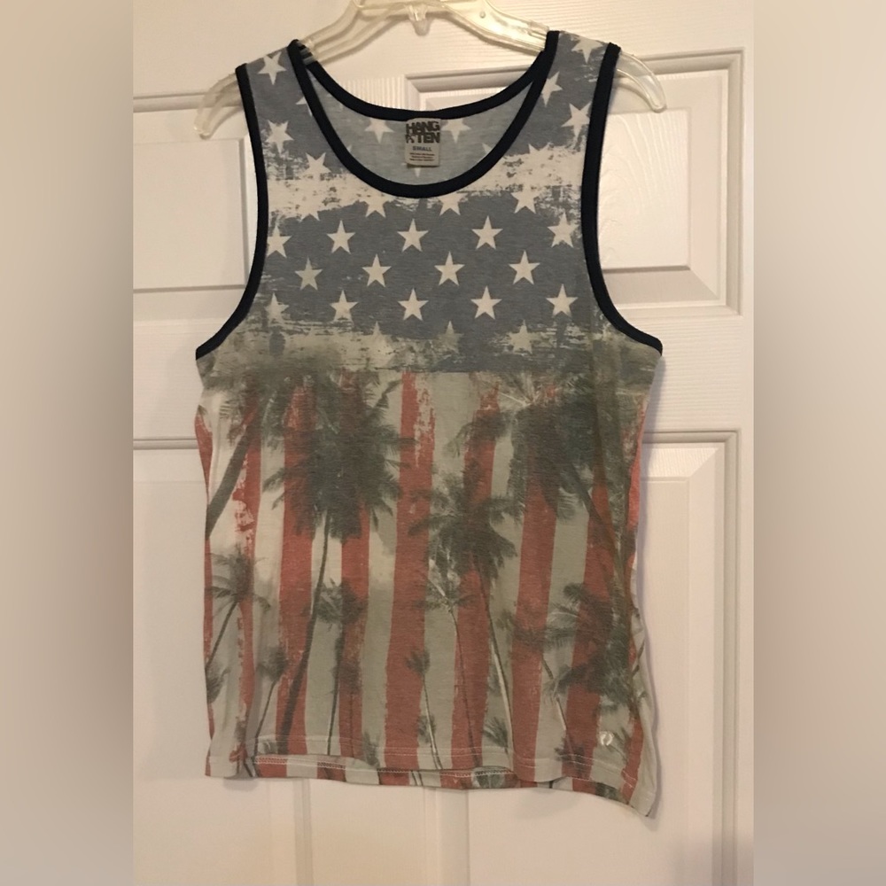Hang Ten Mens S USA Flag Palm Trees Tank Top Cotton. Chest: 19in. Back: 26in.